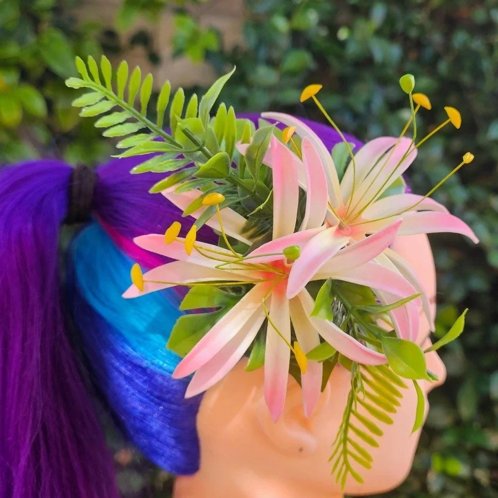 Handmade‎ Pink White Lily Hair Flower Clip Tiki Rockabilly Pinup Hawaiian